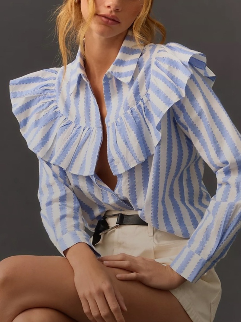 Clare V. Charlotte Ruffled Stripe Button-Front Blouse in Light Blue and White
